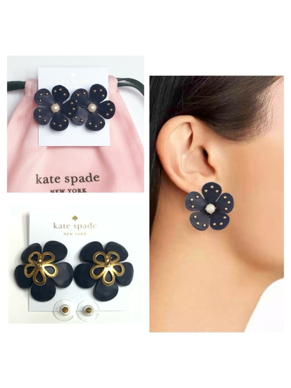 NWT Kate Spade BLOOMING BLING 12-K Gold Plated Leather/Glass Pearl Stud Earrings